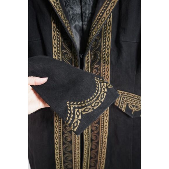 Paparazzi by Biz Black Long Denim Coat Embroidered w/ Gold Tan Intricate Design - Picture 5 of 10